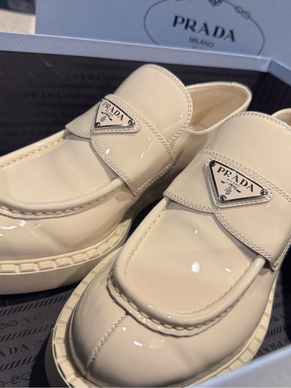 Prada Women’s Beige Patent Leather Loafers - Picture 5 of 8